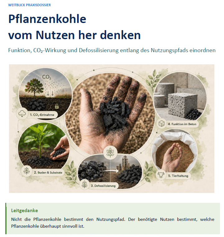Infografik zu Pflanzenkohle: Eine Hand hält Pflanzenkohle. Dargestellt sind mögliche Nutzungspfade – CO₂-Entnahme, Boden und Substrate, Defossilisierung, Funktion in Beton und Tierhaltung.